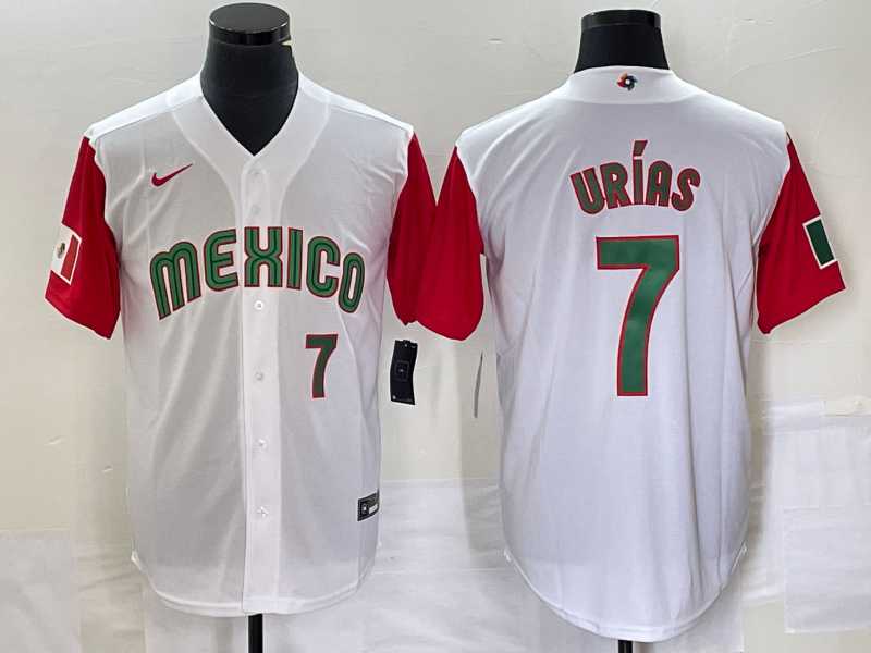 Mens Mexico Baseball #7 Julio Urias Number 2023 White Red World Classic Stitched Jersey 55